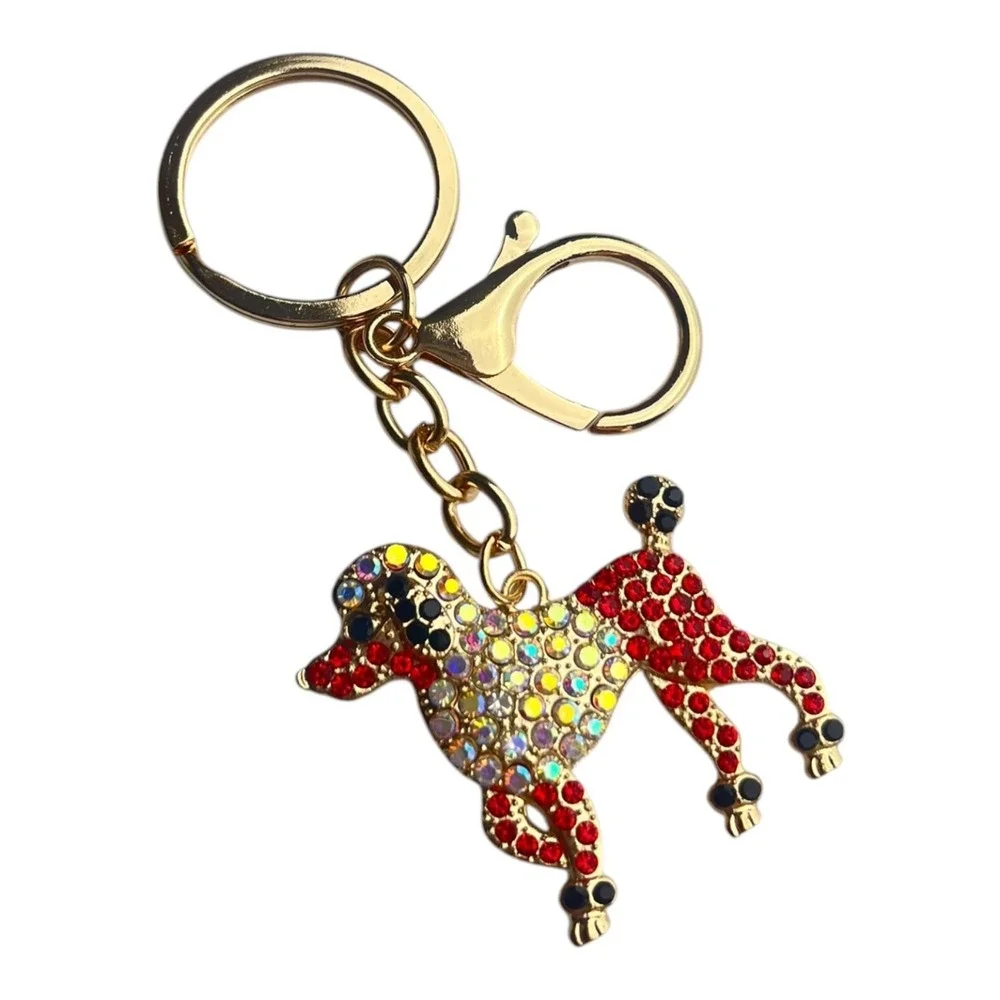 Women's Poodle Dog Key Chain Gold Red Blue Crystal Rhinestone Charm 4